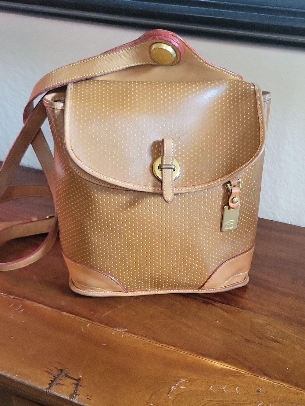 Dooney & Bourke Tan Leather Shoulder Bag Backpack with Gold-Tone Logo Button